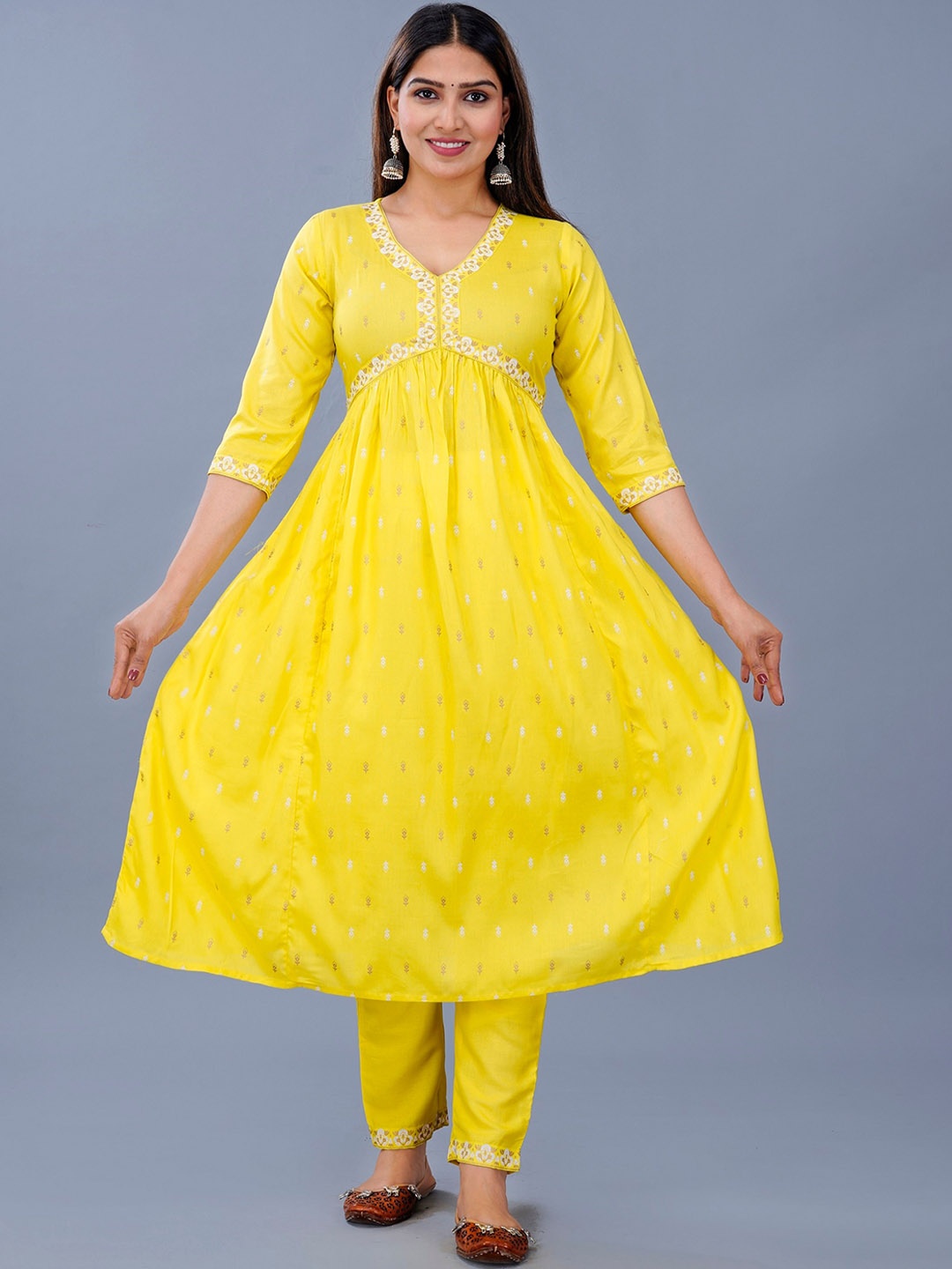 

MARISY Ethnic Motifs Printed V-Neck Empire Anarkali Kurta With Trousers, Yellow