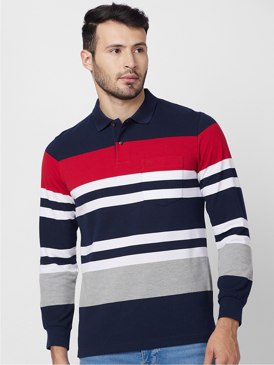 

CELSIUS Men Striped Polo Collar Pockets T-shirt, Red
