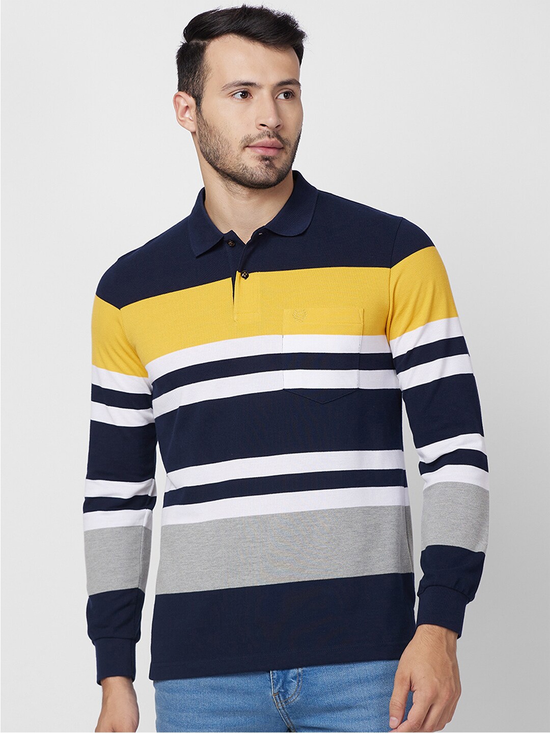 

CELSIUS Men Striped Polo Collar Pockets T-shirt, Gold
