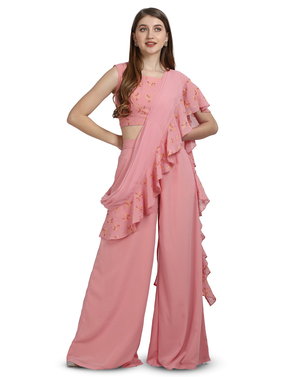 

FAB GALAXY Floral Printed Borded Palazzo Saree, Peach