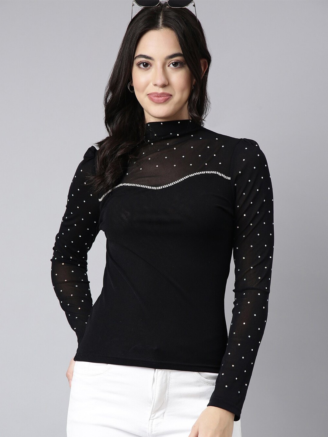 

SHOWOFF Studded Monochrome Net Top, Black