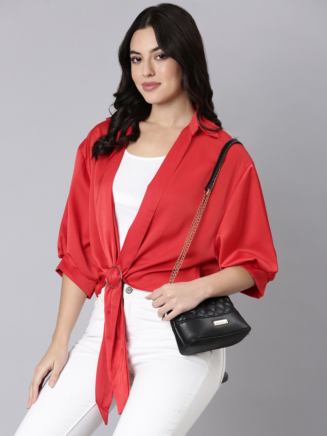 

SHOWOFF Puff Sleeve Satin Shirt Style Top, Red