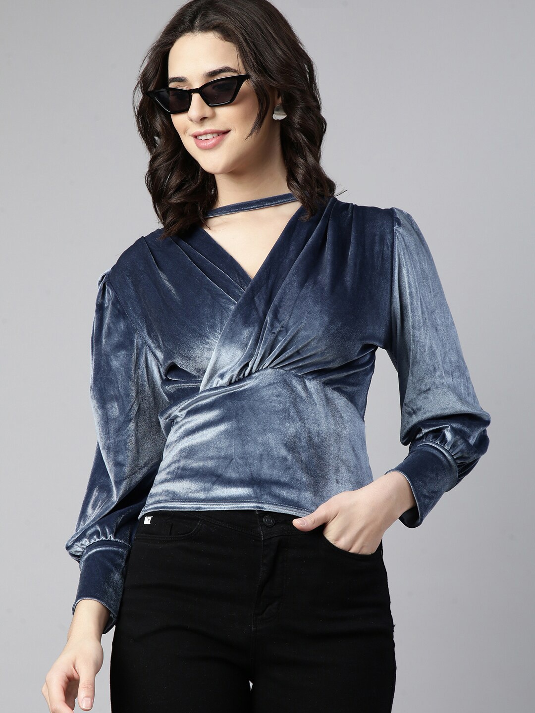 

SHOWOFF Velvet Wrap Top, Blue