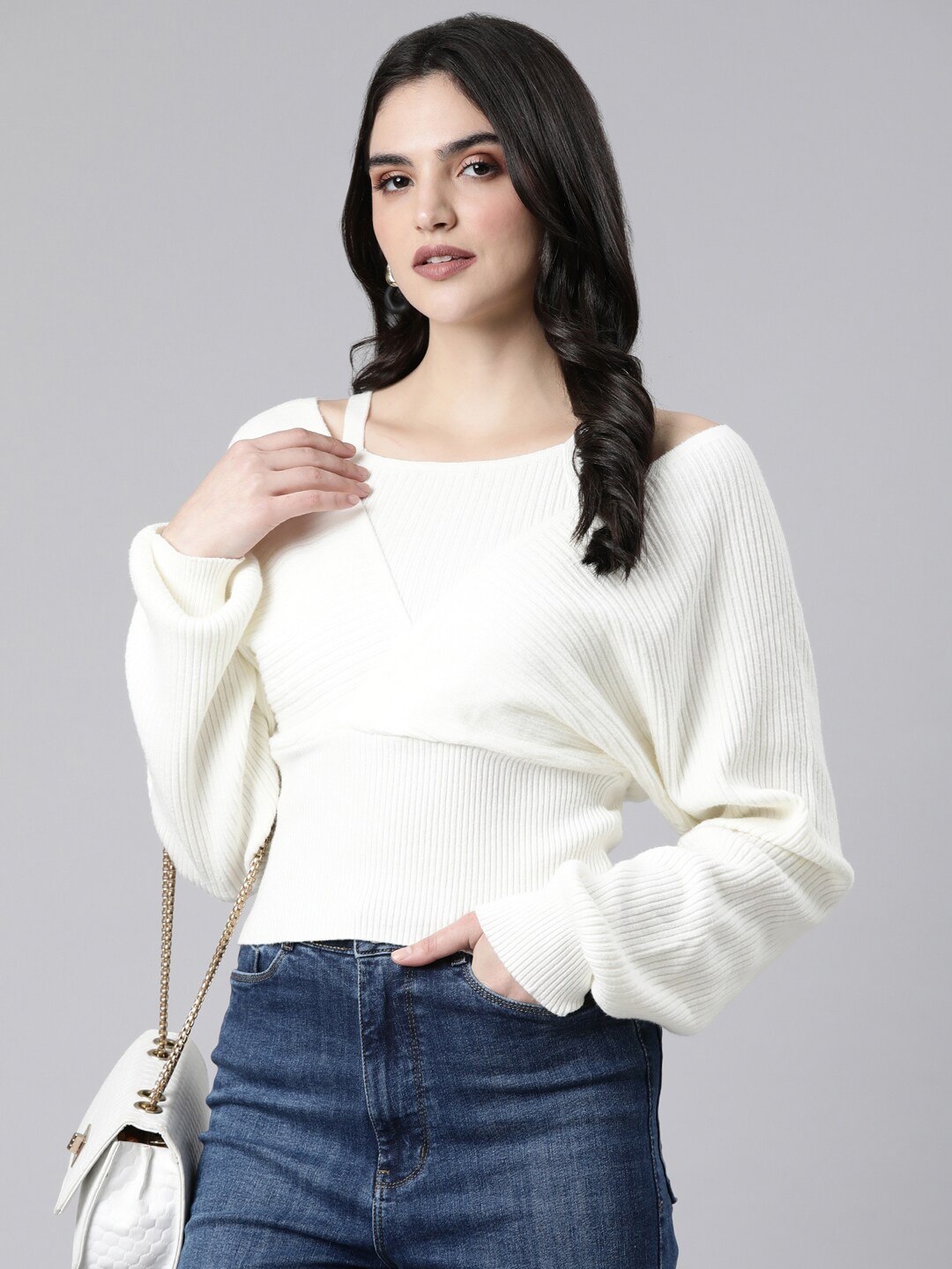 

SHOWOFF Ribbed V-Neck Cuffed Sleeves Acrylic Cinched Waist Top, Cream