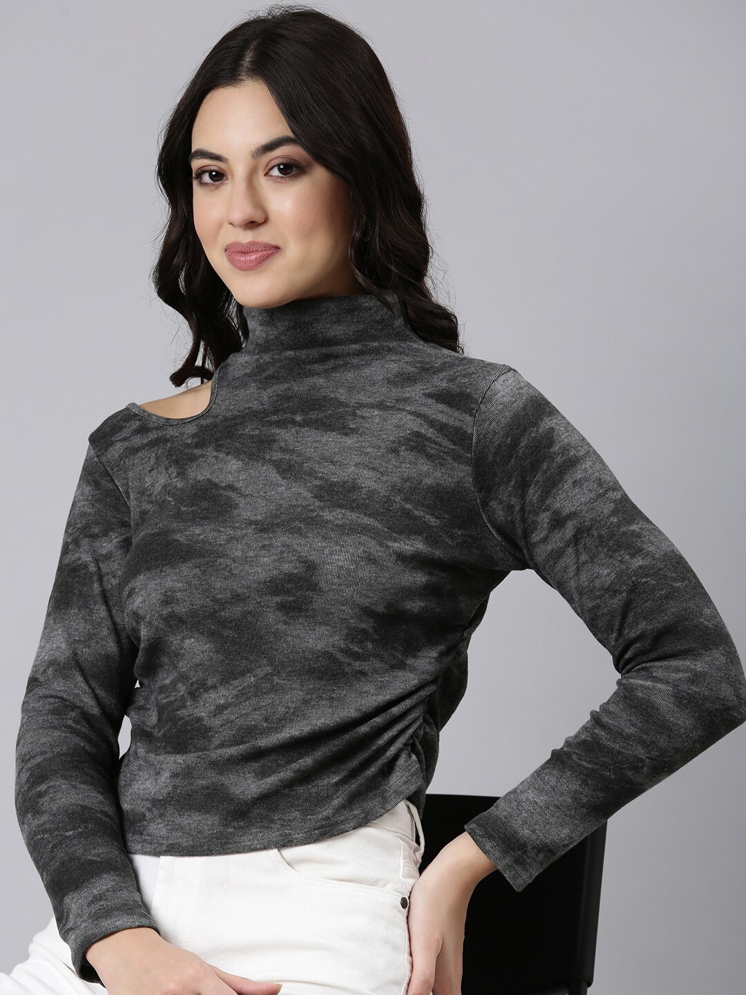 

SHOWOFF High Neck Acrylic Full Sleeves Top, Grey