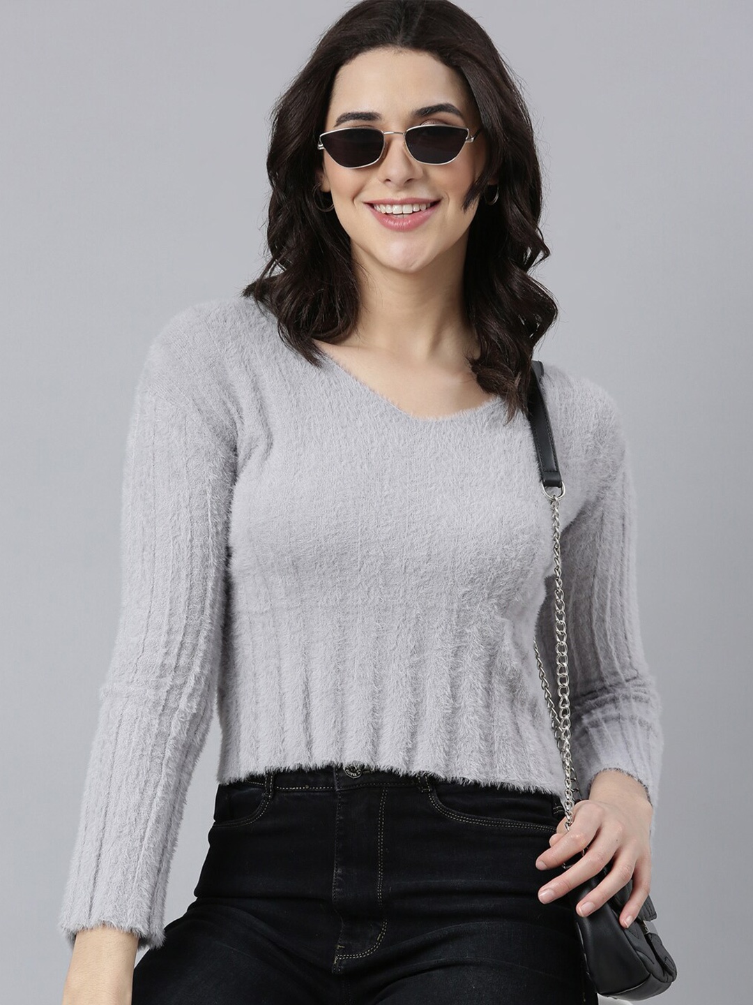 

SHOWOFF Self Design V-Neck Long Sleeves Opaque Casual Top, Grey