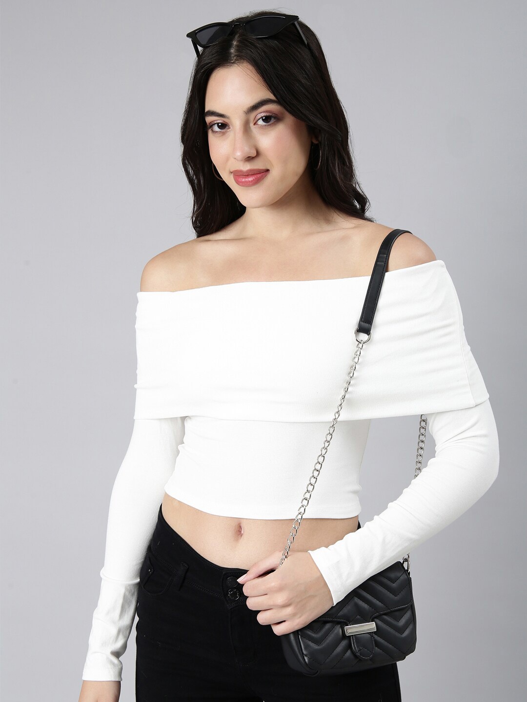 

SHOWOFF Off-Shoulder Bardot Crop Top, Off white