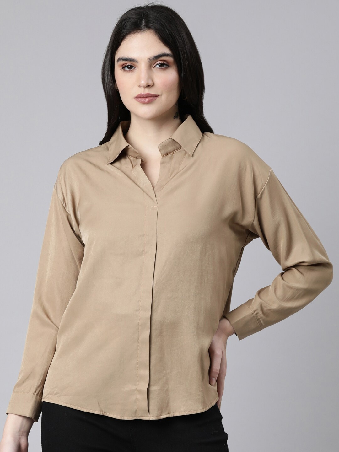 

SHOWOFF Cuffed Sleeves Satin Shirt Style Top, Khaki