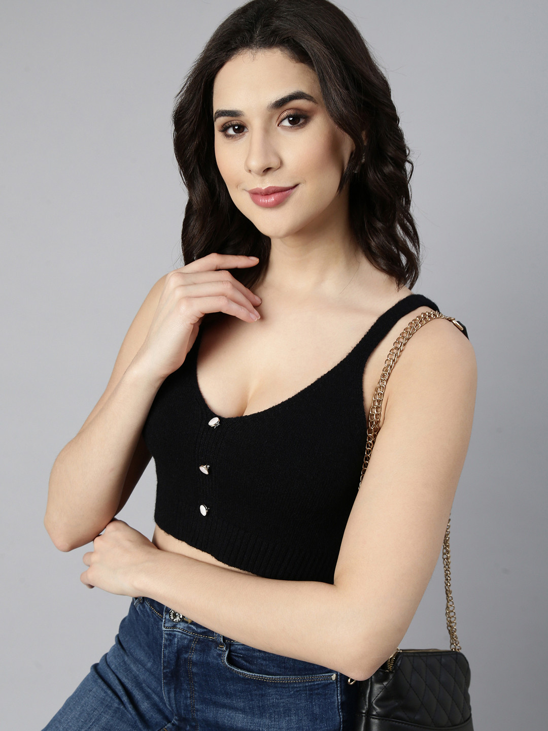 

SHOWOFF Shoulder Straps Bralette Acrylic Crop Top, Black