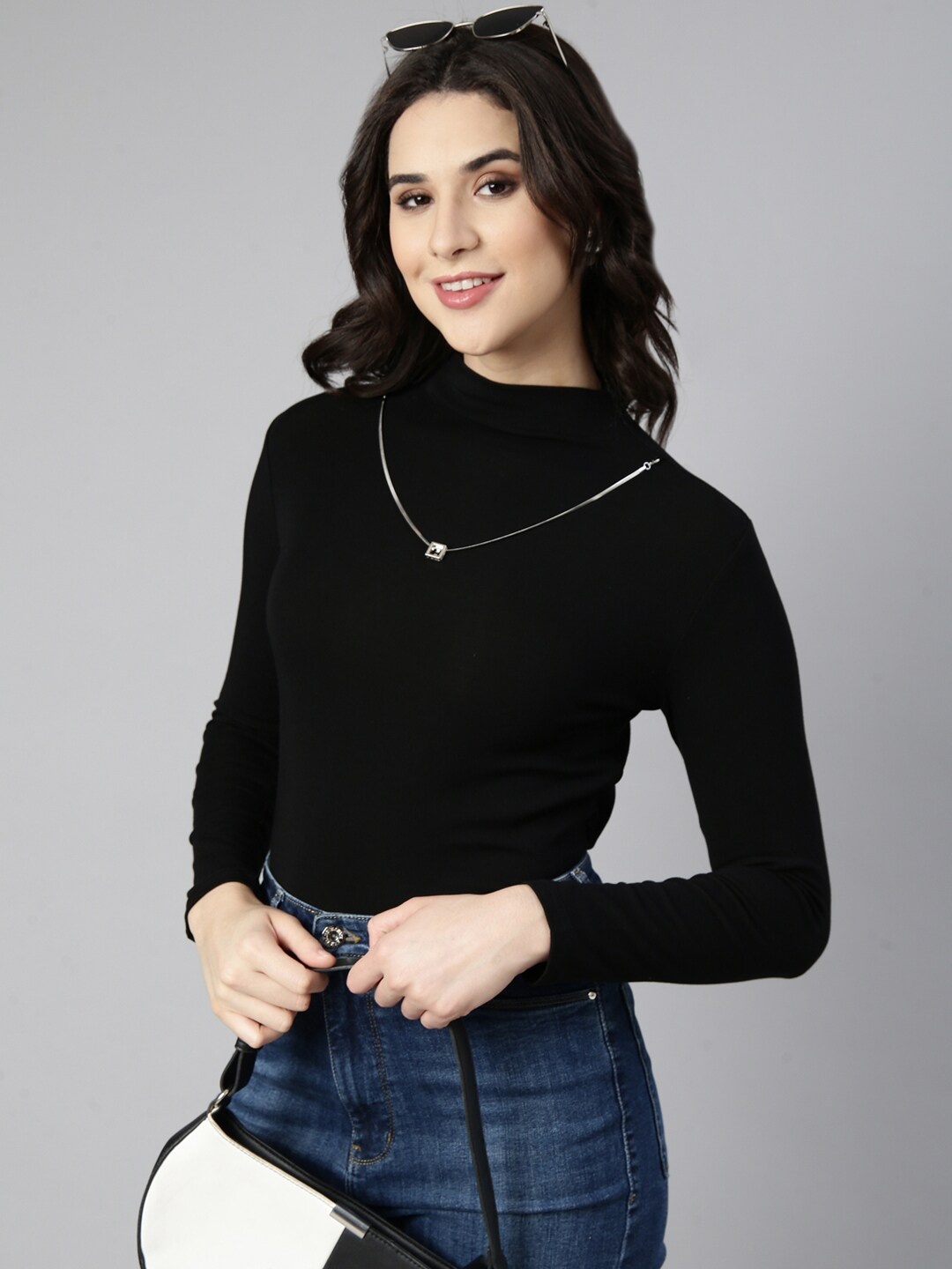 

SHOWOFF High Neck Acrylic Knitted Top, Black