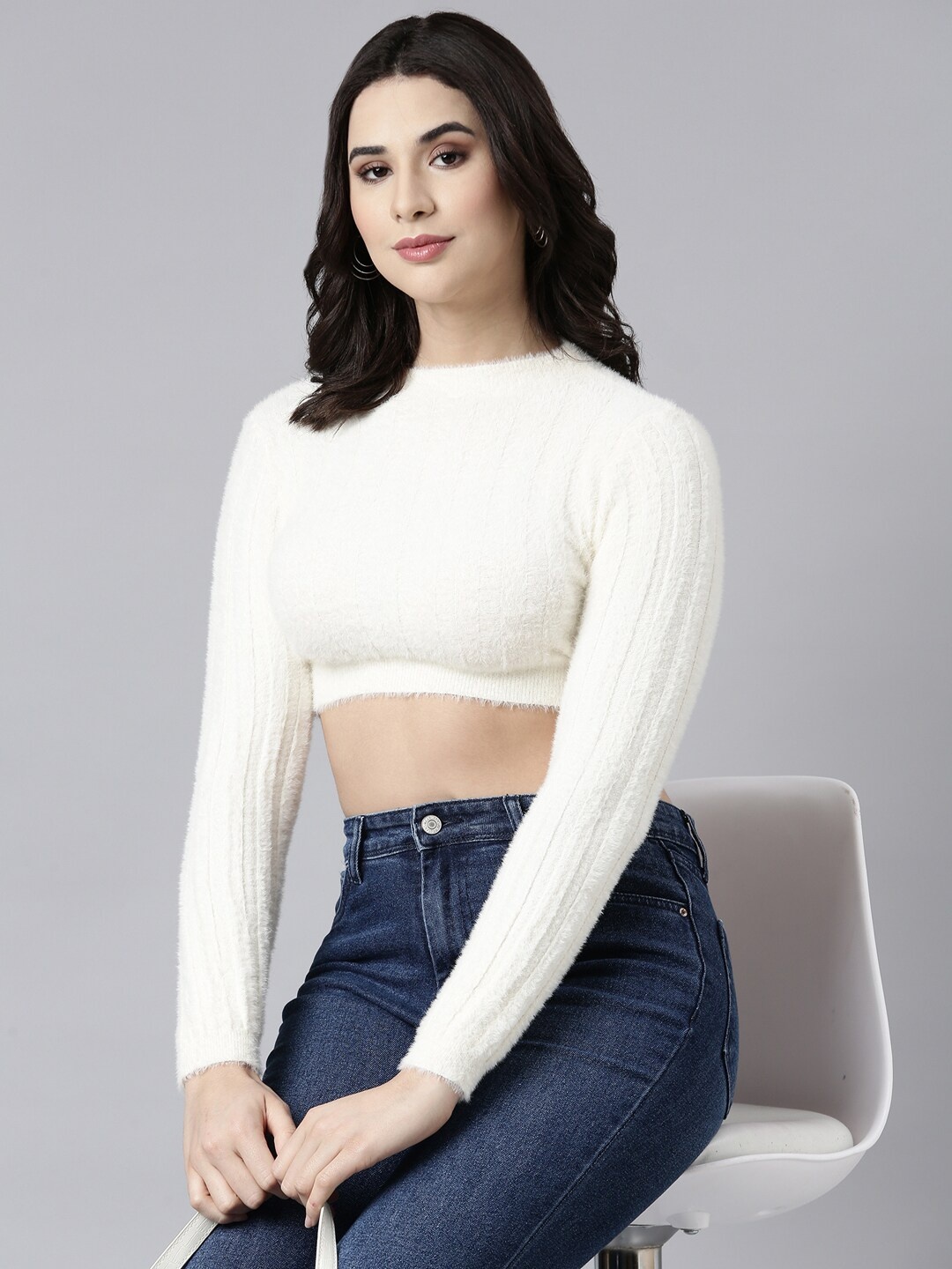 

SHOWOFF Round Neck Fitted Faux Fur Trim Acrylic Crop Top, Cream