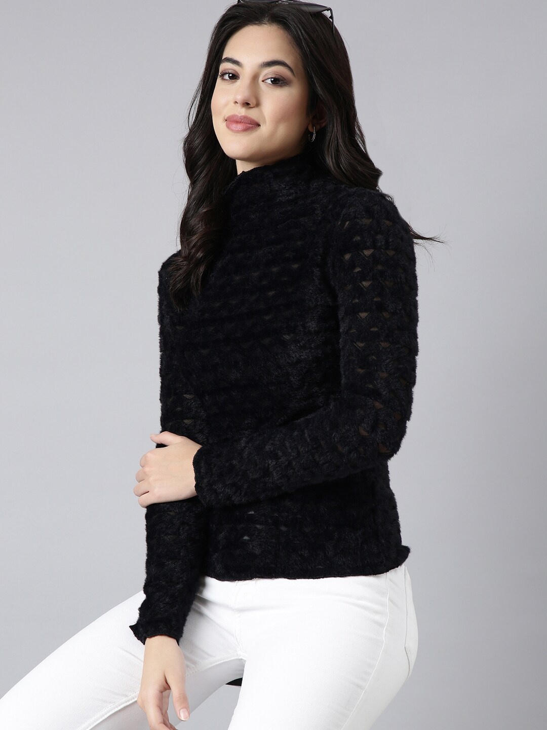 

SHOWOFF Monochrome Self Design Acrylic High Neck Velvet Top, Black