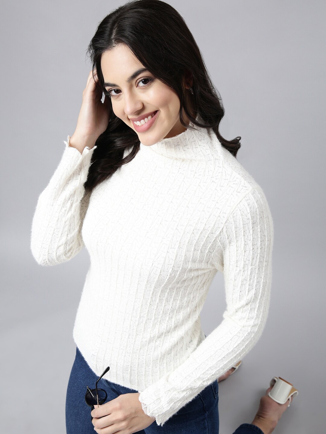 

SHOWOFF Long Sleeves High Neck Self Design Cream Top, White
