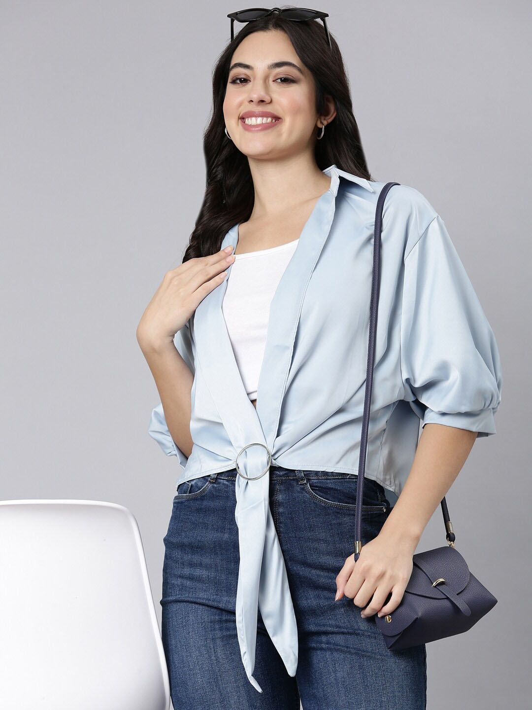 

SHOWOFF Puff Sleeve Satin Shirt Style Top, Blue