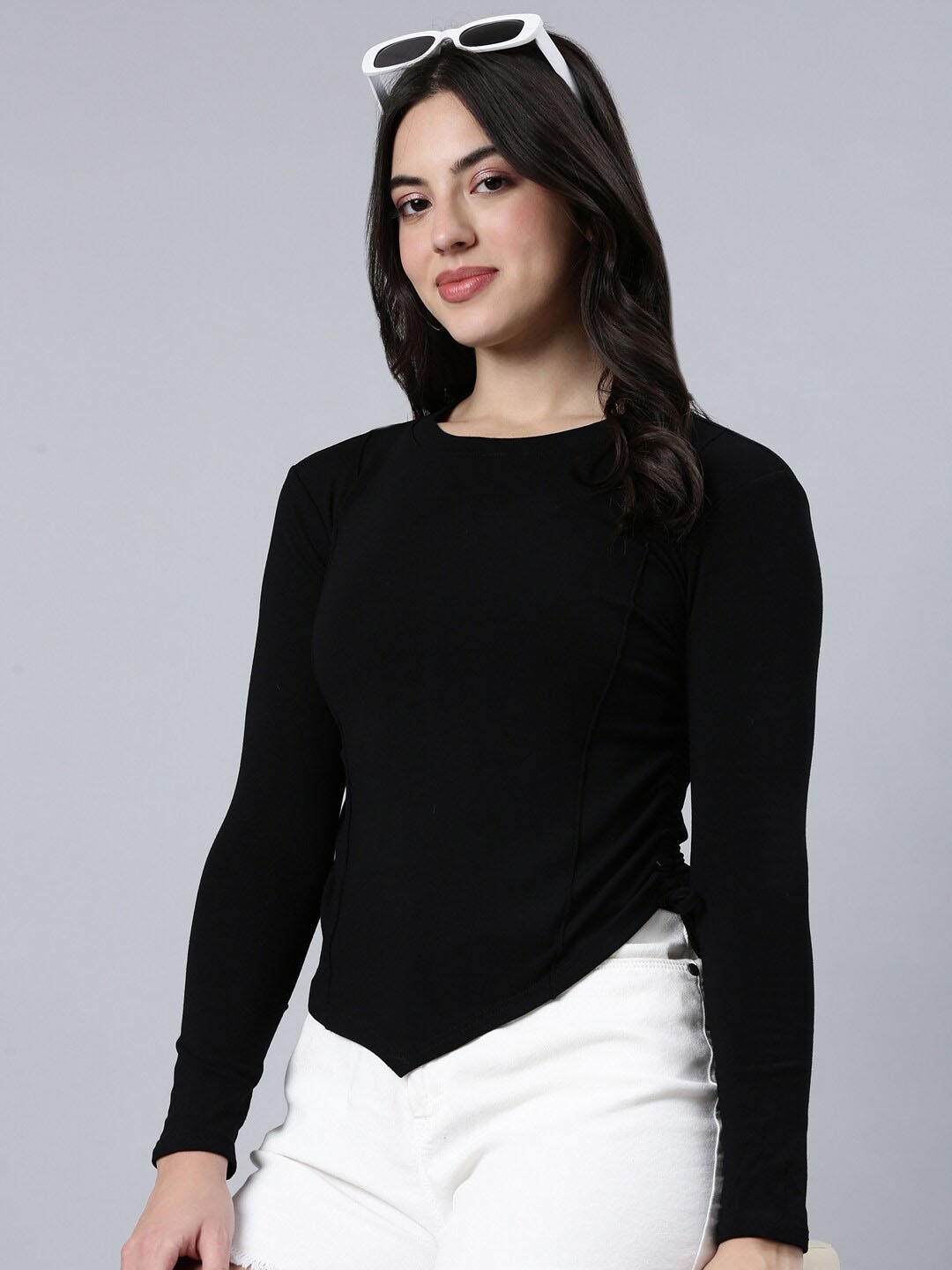 

SHOWOFF Round Neck Tie-Ups Detail Regular Top, Black