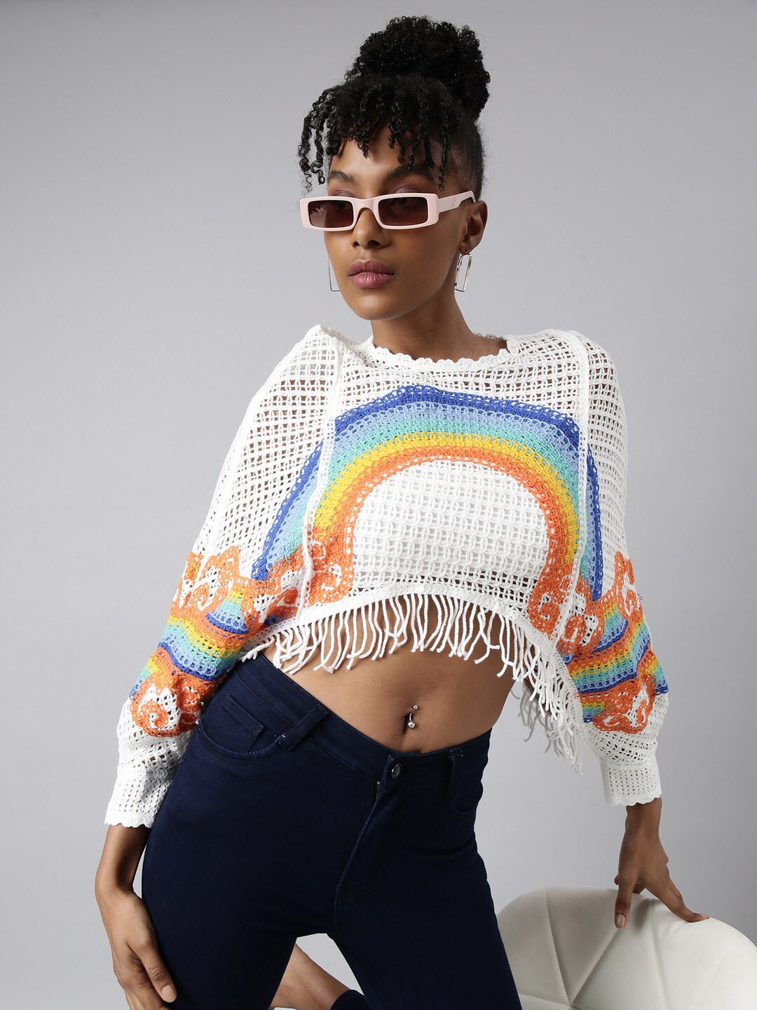 

SHOWOFF Self Design Batwing Sleeve Crochet Crop Top, White