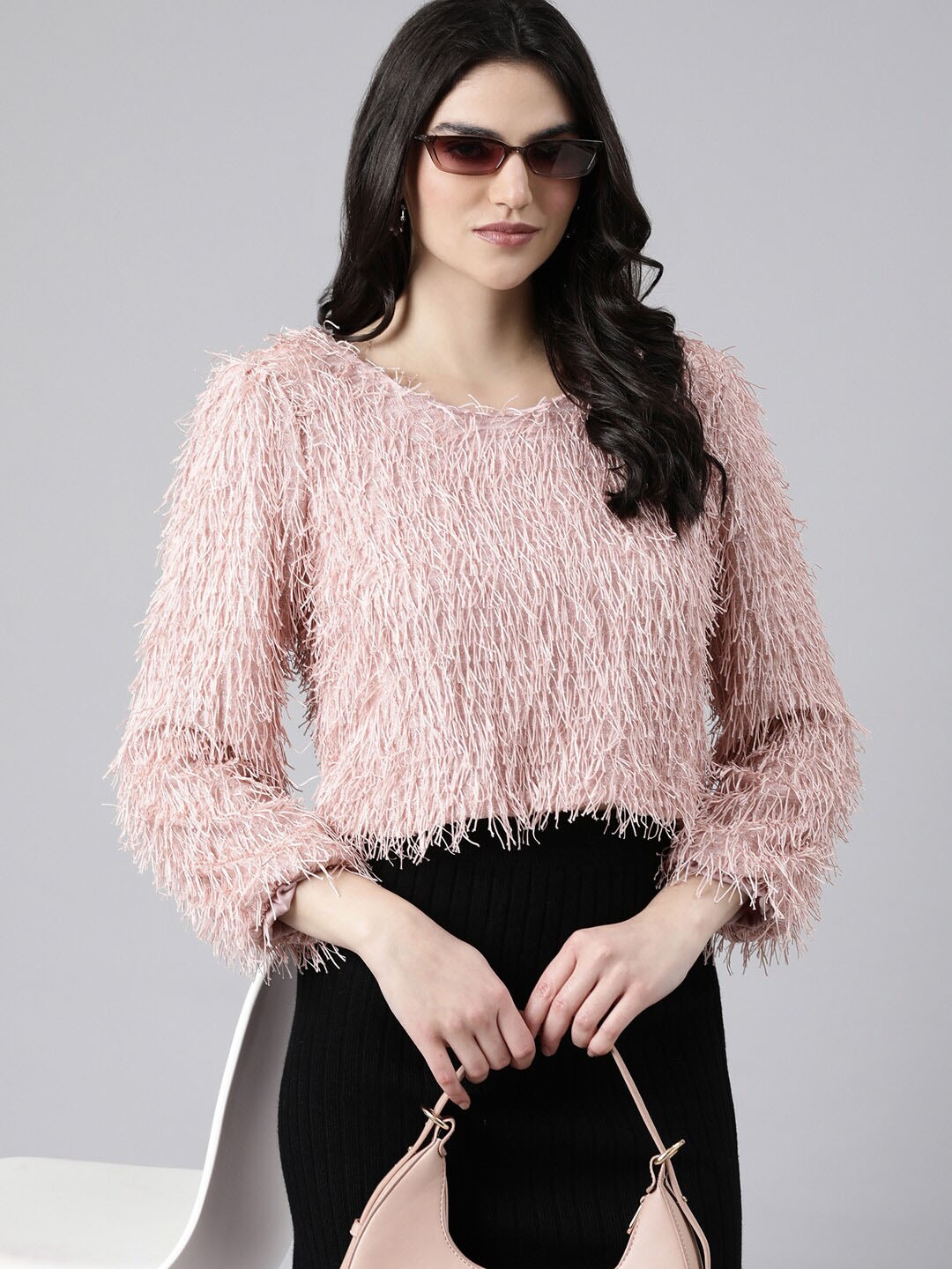 

SHOWOFF Self Design Fringed Top, Peach