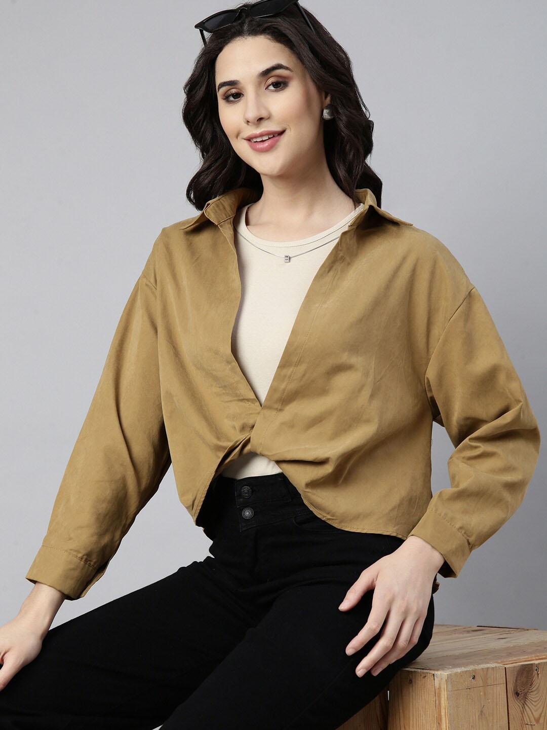 

SHOWOFF Shirt Collar Cuffed Sleeves Twisted Shirt Style Top With Tank Top, Khaki
