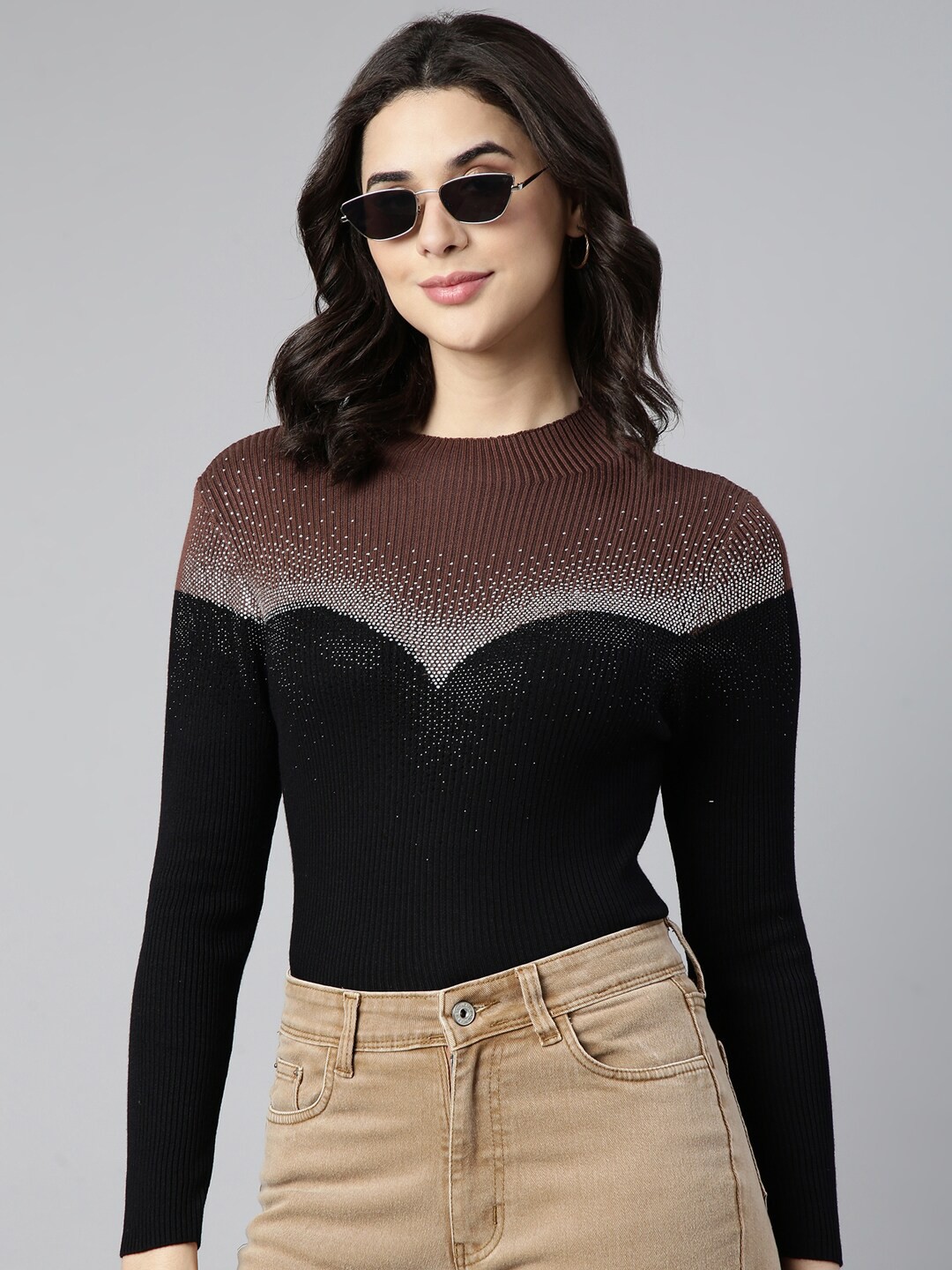 

SHOWOFF Colourblocked High Neck Acrylic Top, Black