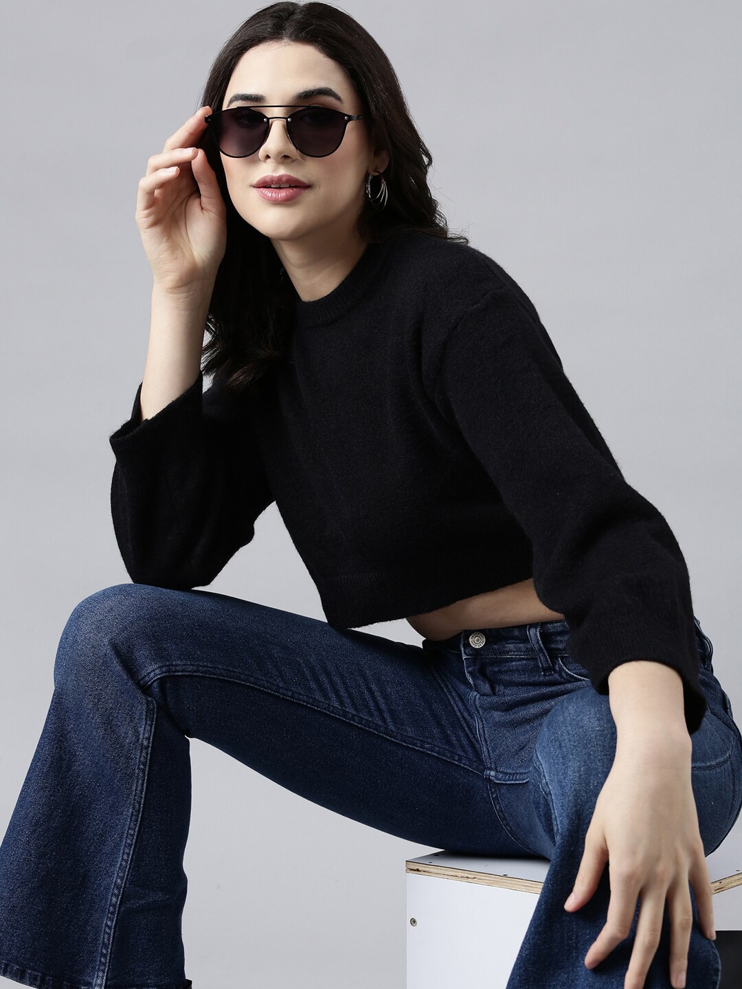 

SHOWOFF Puff Sleeves Crop Acrylic Top, Black