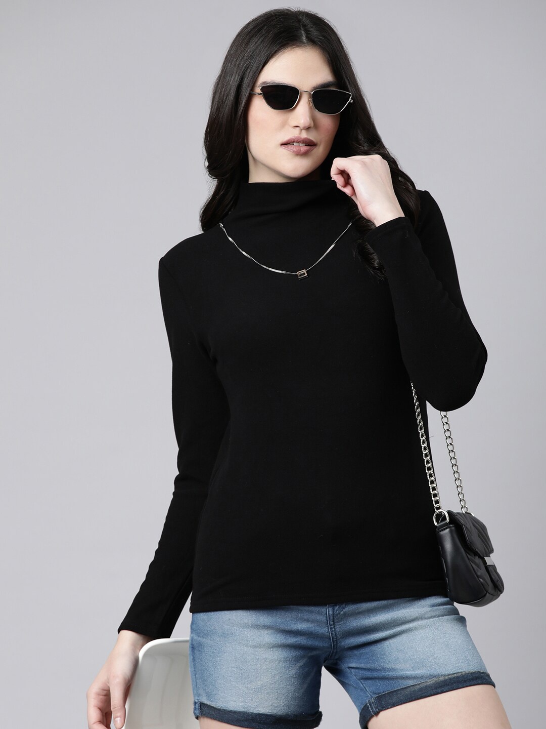 

SHOWOFF High Neck Long Sleeves Fitted Top With Neck Chain, Black