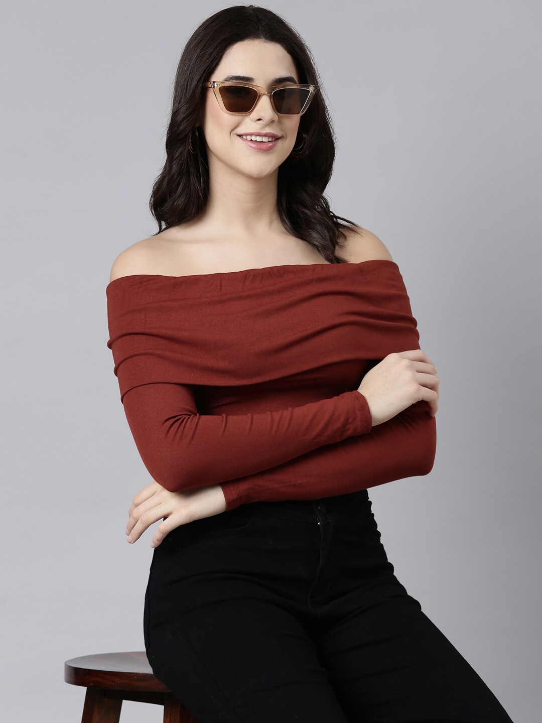 

SHOWOFF Off-Shoulder Bardot Crop Top, Rust