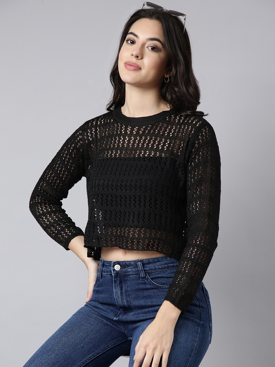 

SHOWOFF Geometric Self Design Acrylic Crochet Crop Top With Slip, Black
