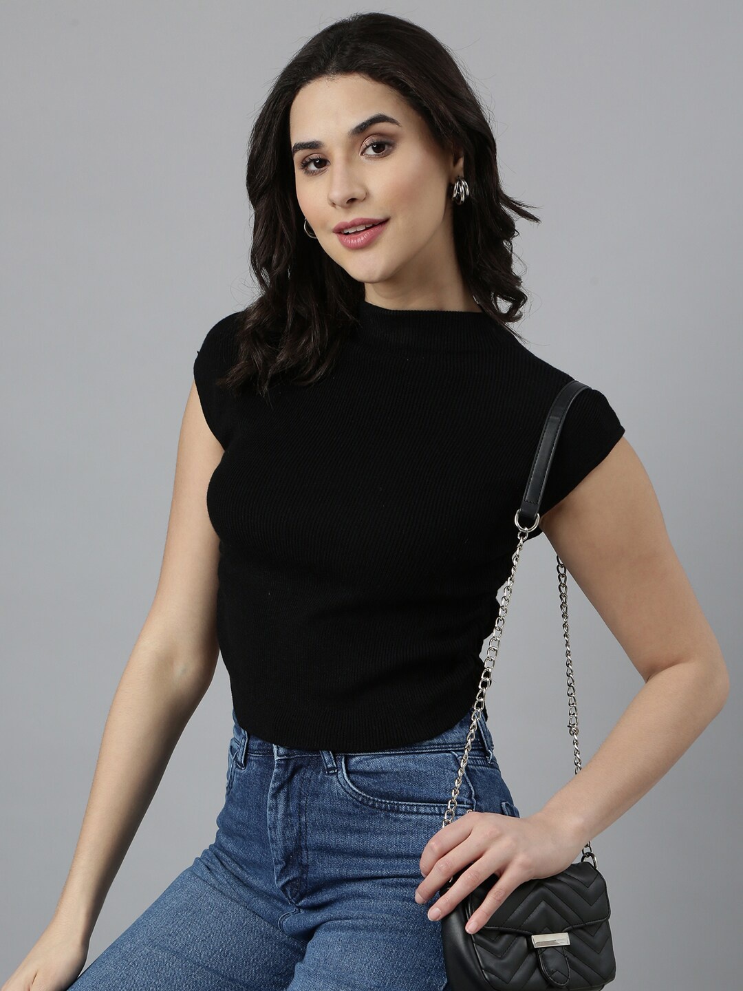

SHOWOFF High Neck Terry Ruched Fitted Top, Black