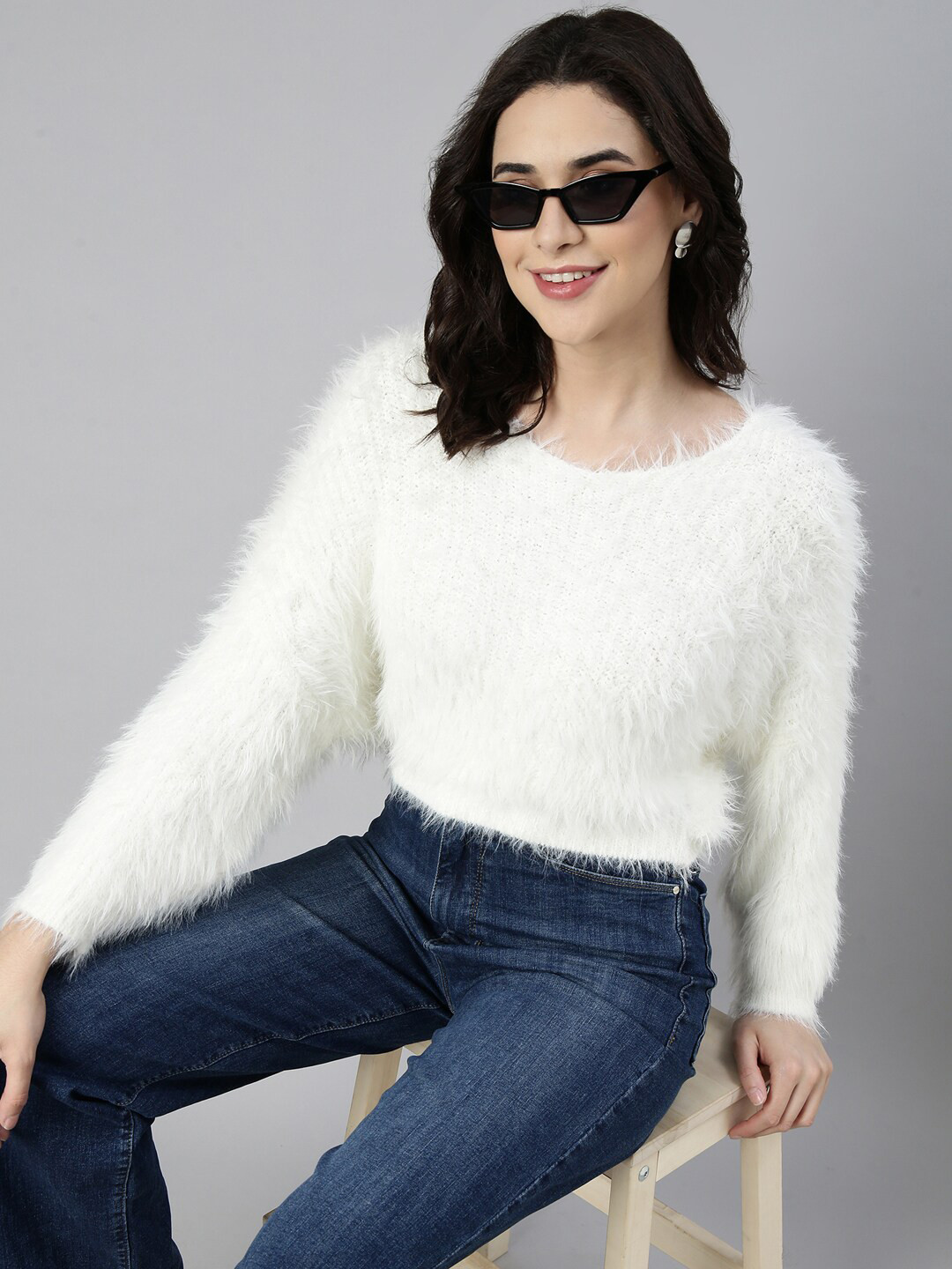 

SHOWOFF Self Design Round Neck Top, Off white