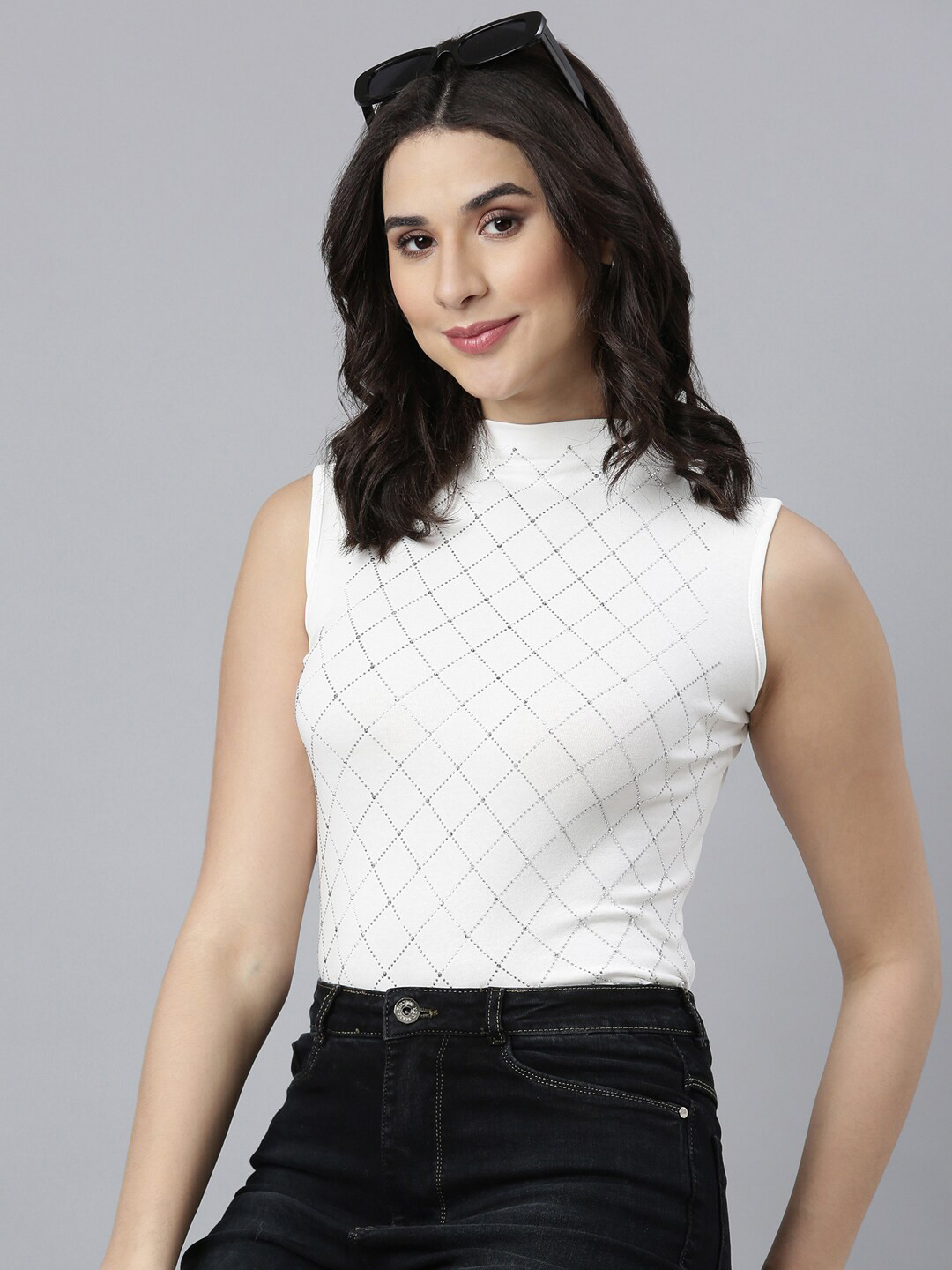

SHOWOFF Checked High Neck Sleeveless Studded Regular Top, Off white