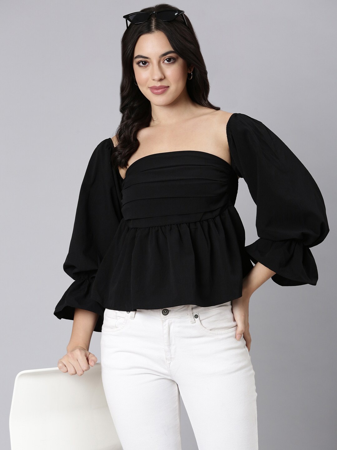 

SHOWOFF Square Neck Bell Sleeves Gathered Detailed Peplum Top, Black