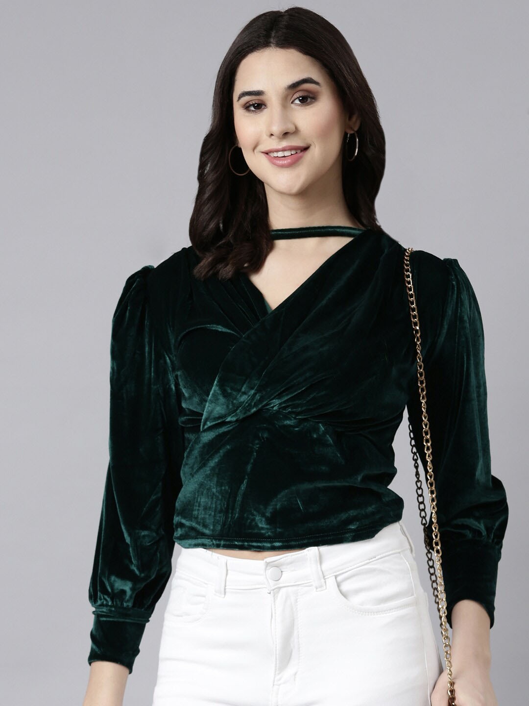 

SHOWOFF Choker Neck Cuffed Sleeves Velvet Wrap Top, Green