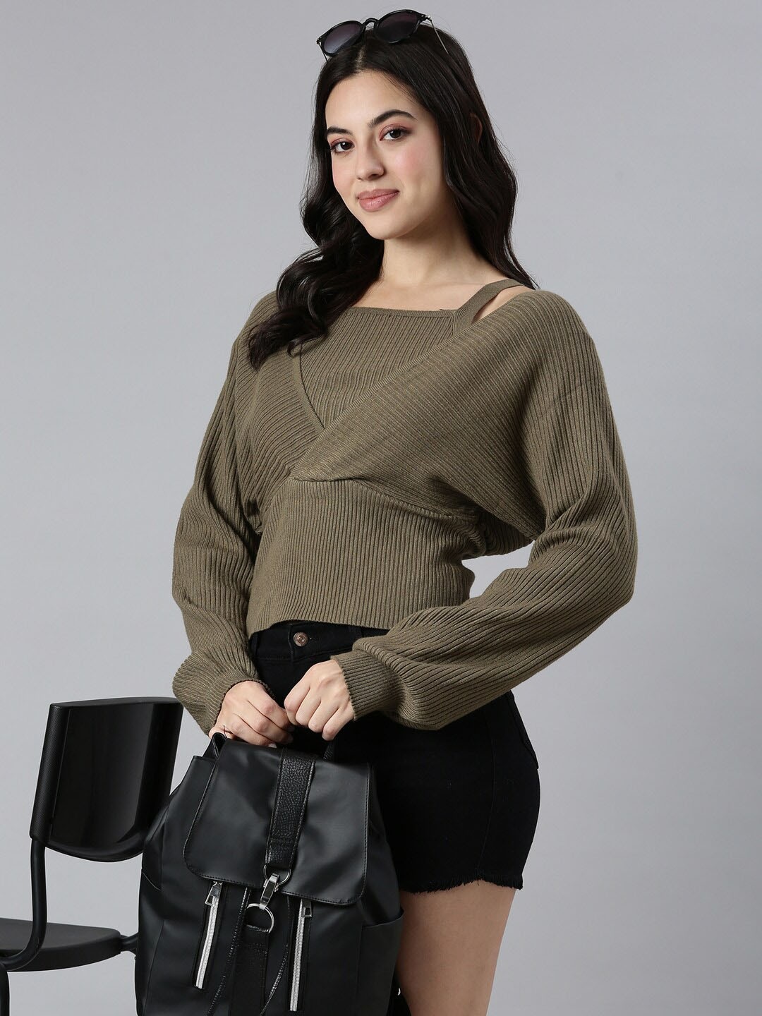 

SHOWOFF Square Neck Acrylic Striped Top, Olive