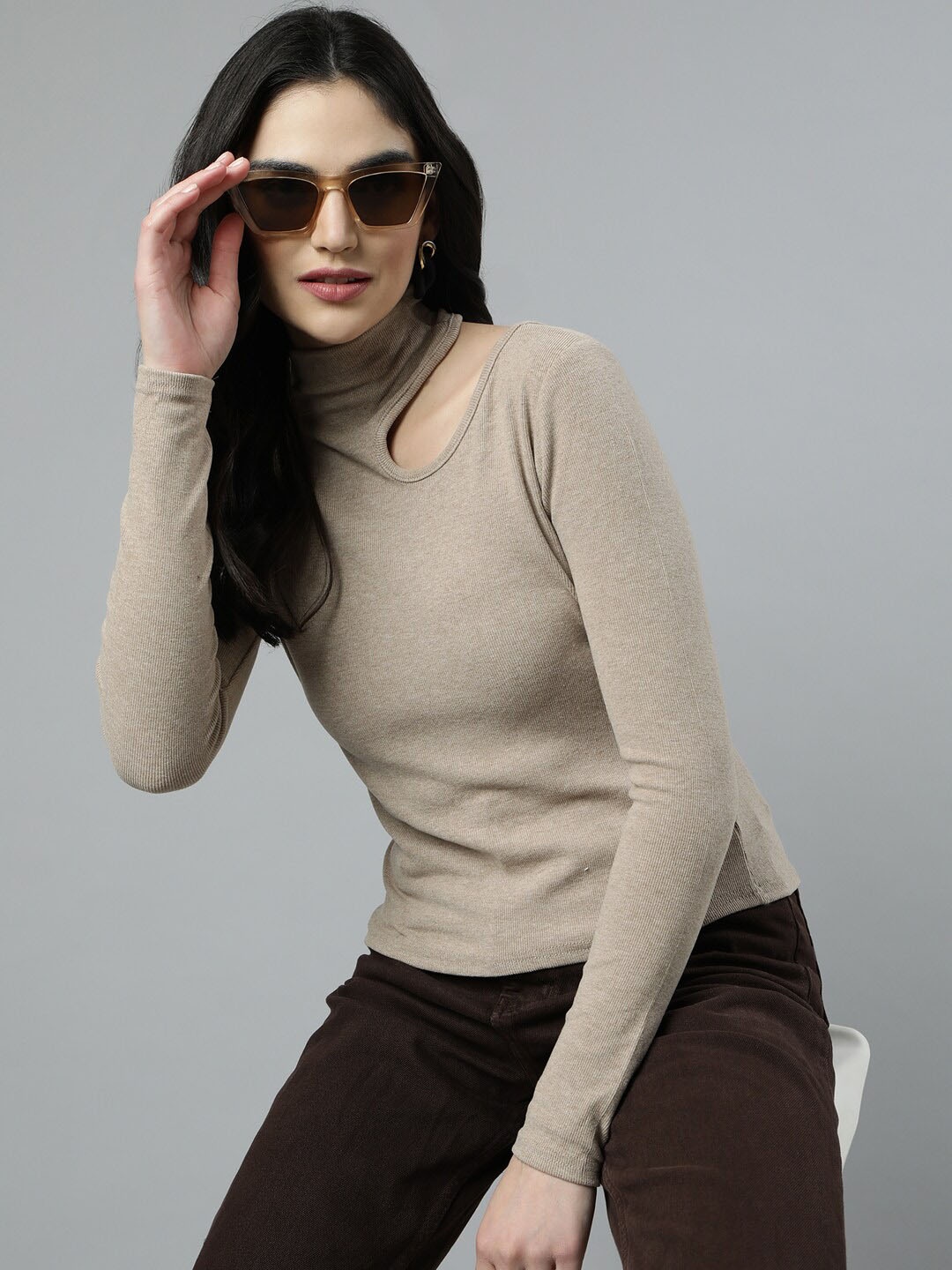 

SHOWOFF High Neck Long Sleeves Cut-Out Detail Fitted Top, Beige