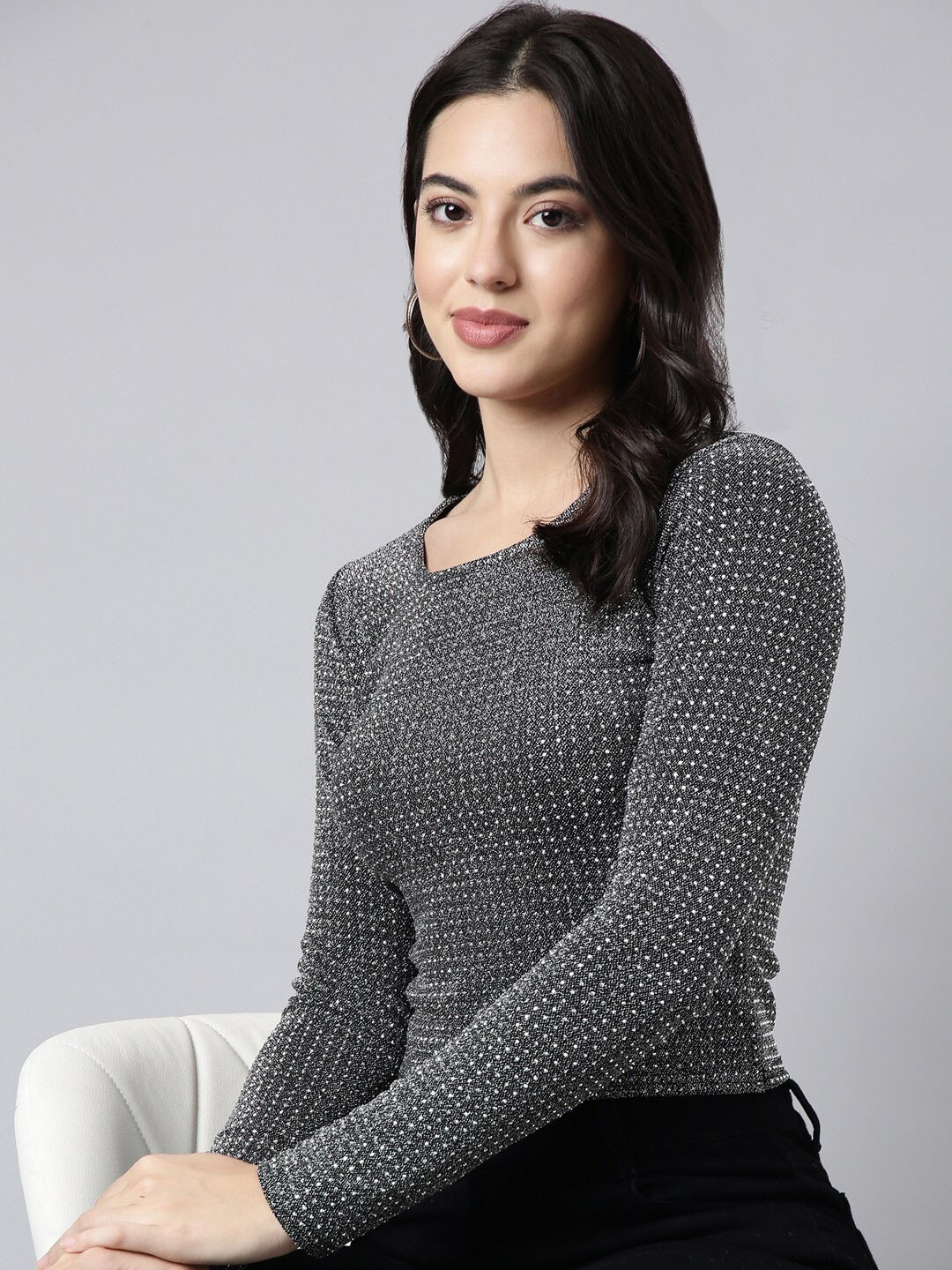 

SHOWOFF Embellished Studded Acrylic Fitted Crop Top, Grey