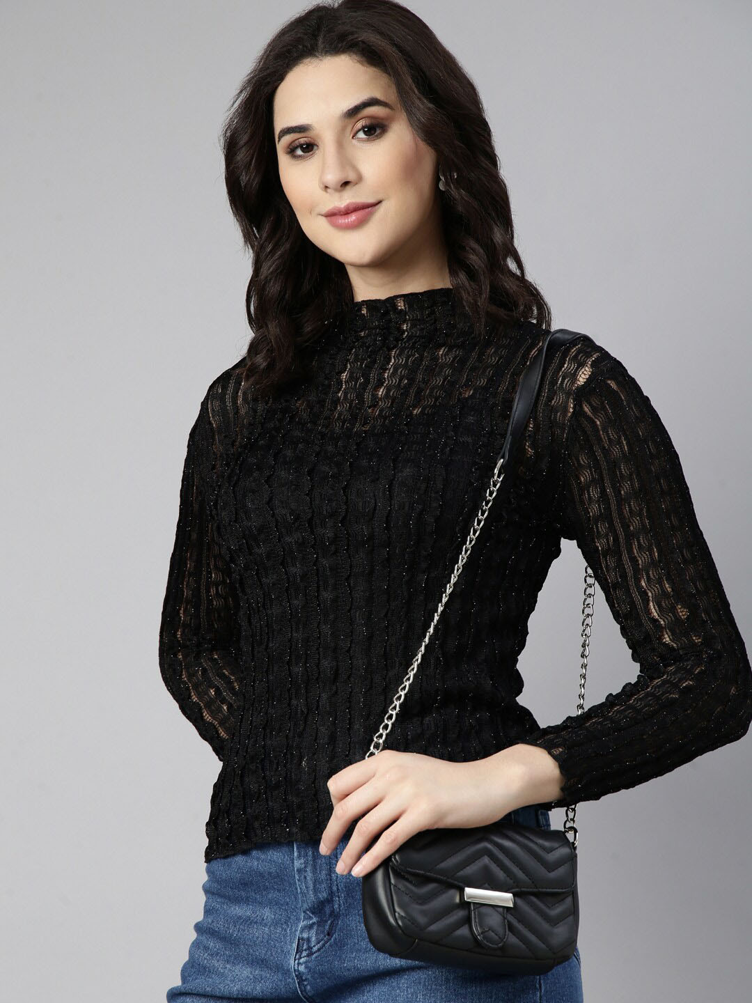 

SHOWOFF Monochrome High Neck Self Design Top, Black