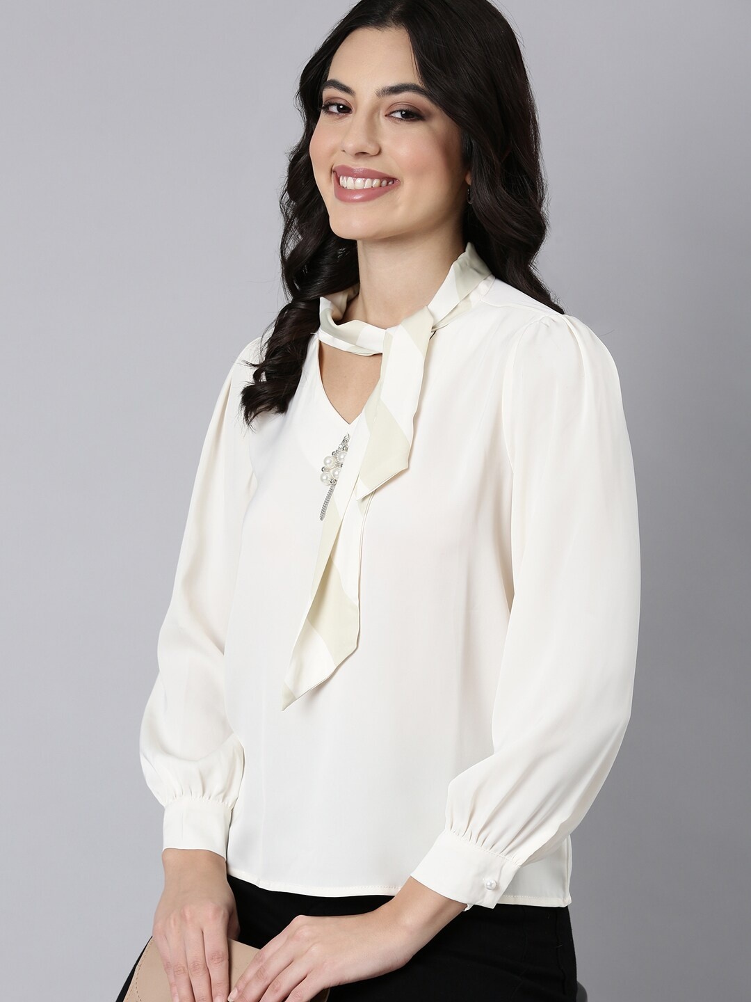 

SHOWOFF Tie-Up Neck Cuffed Sleeves Satin Top, Cream