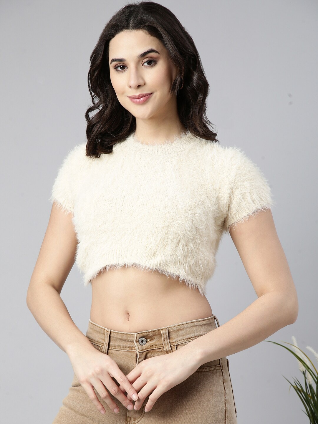 

SHOWOFF Self Design Faux Fur Trim Acrylic Crop Top, Cream