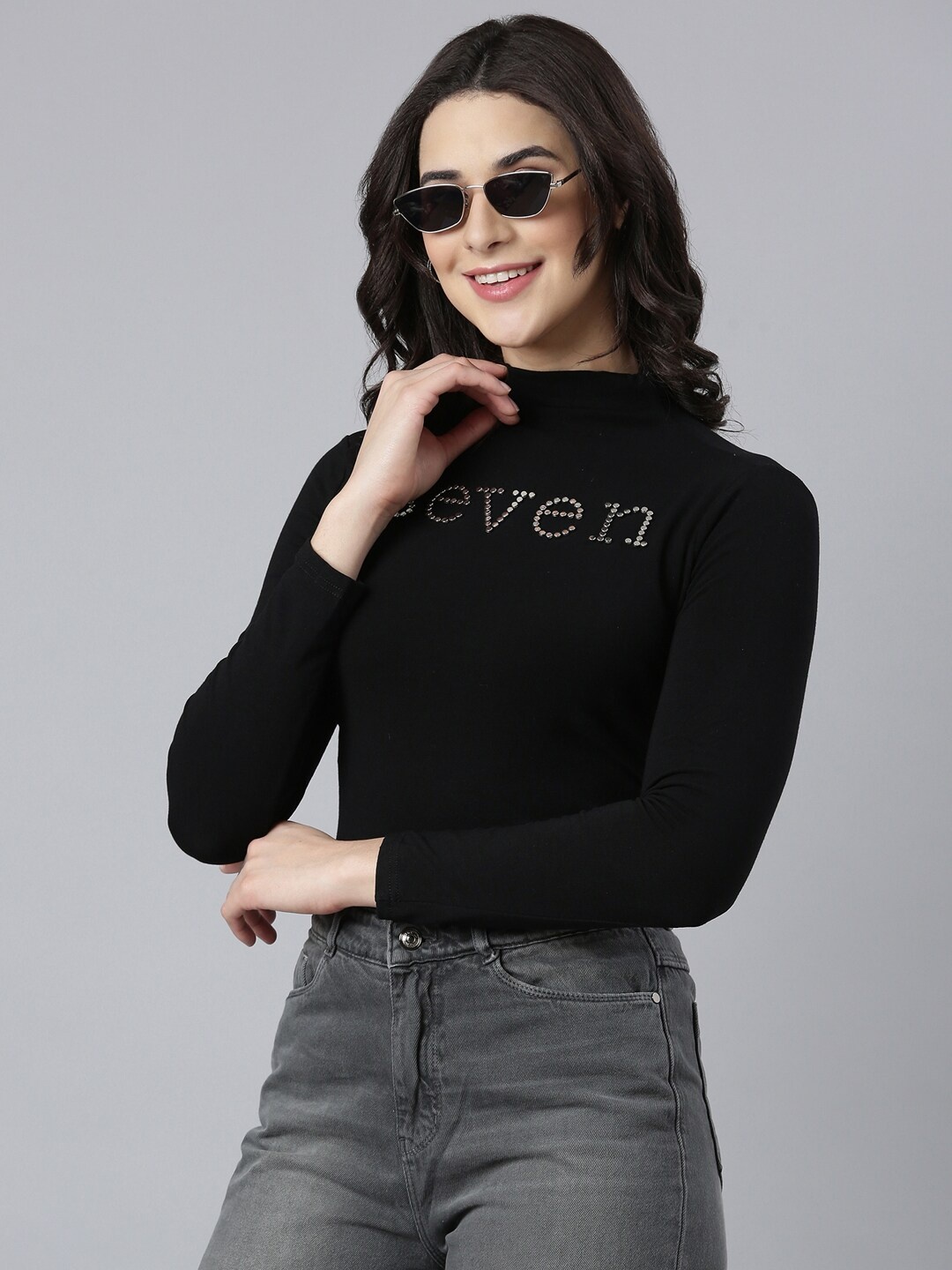 

SHOWOFF High Neck Acrylic Knitted Studded Top, Black