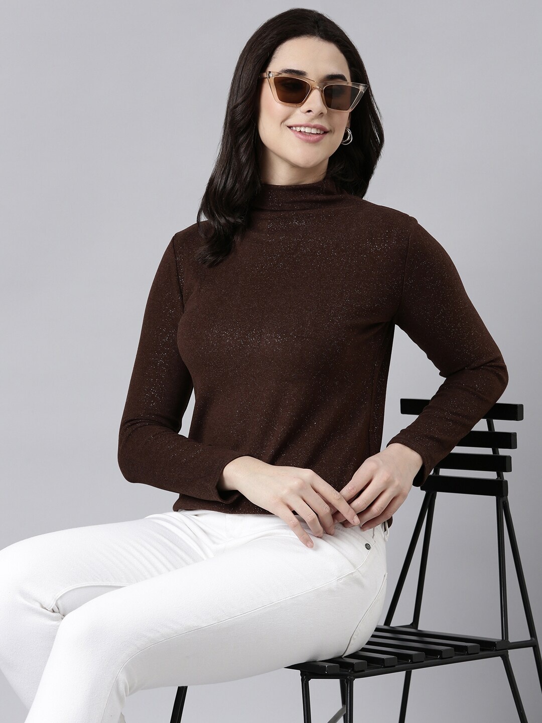 

SHOWOFF Long Sleeves High Neck Top, Brown