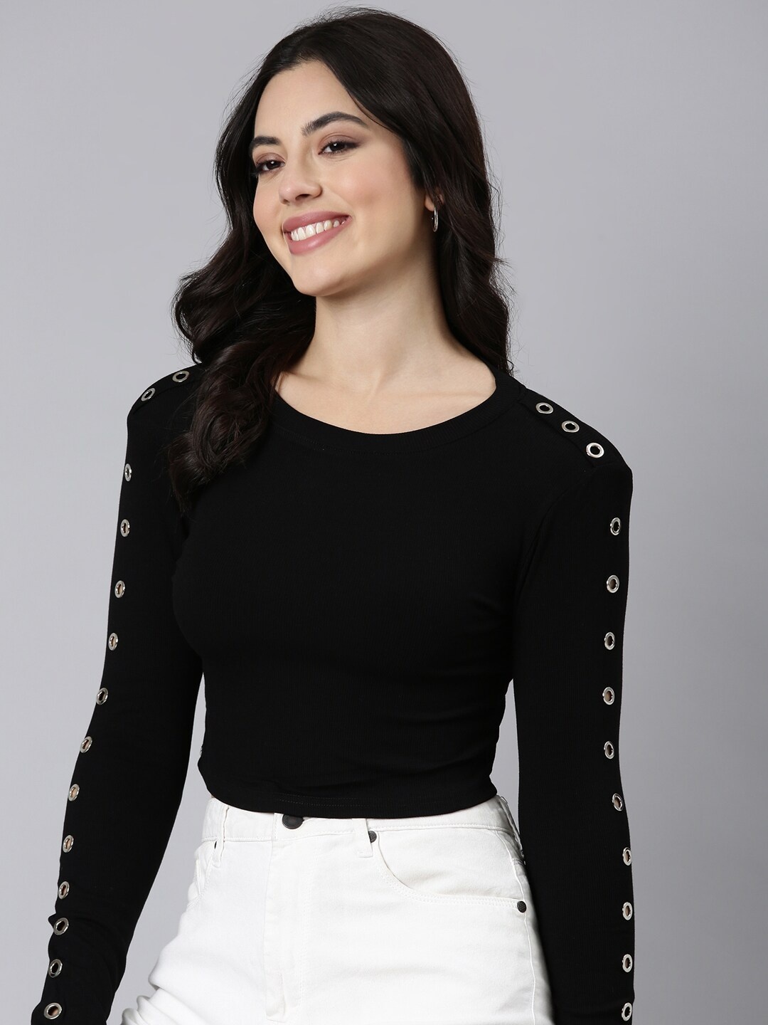 

SHOWOFF Embellished Studded Round Neck Long Sleeves Crop Regular Top, Black