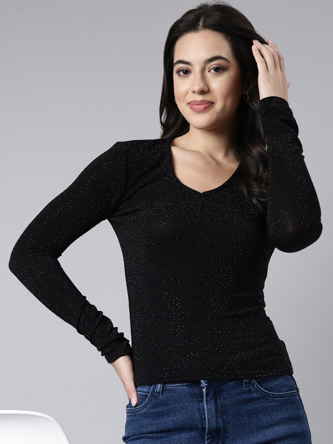 

SHOWOFF V-Neck Studded Fitted Top, Black
