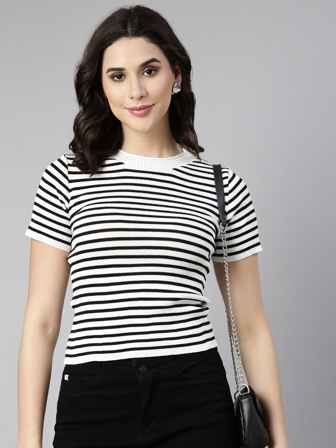

SHOWOFF Horizontal Striped Acrylic Fitted Top, White