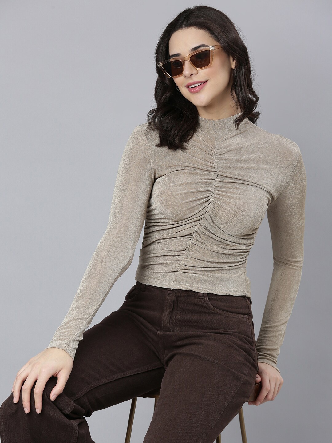 

SHOWOFF High Neck Long Sleeves Fitted Top, Beige