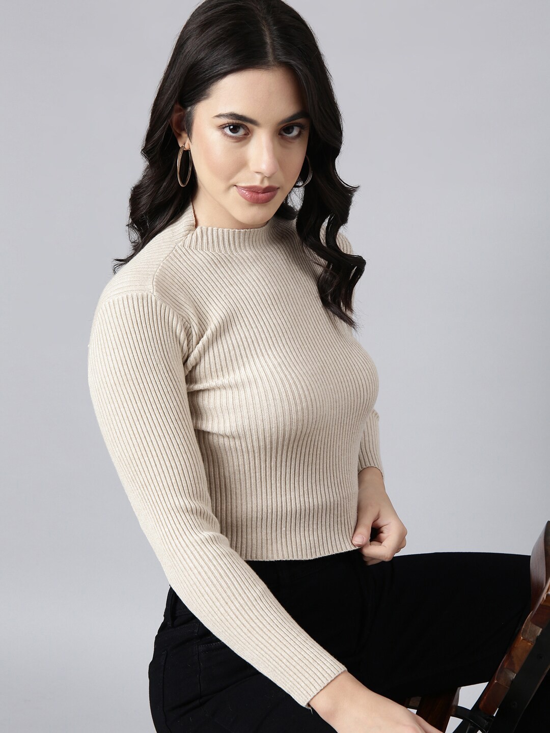 

SHOWOFF High Neck Fitted Crop Top, Beige