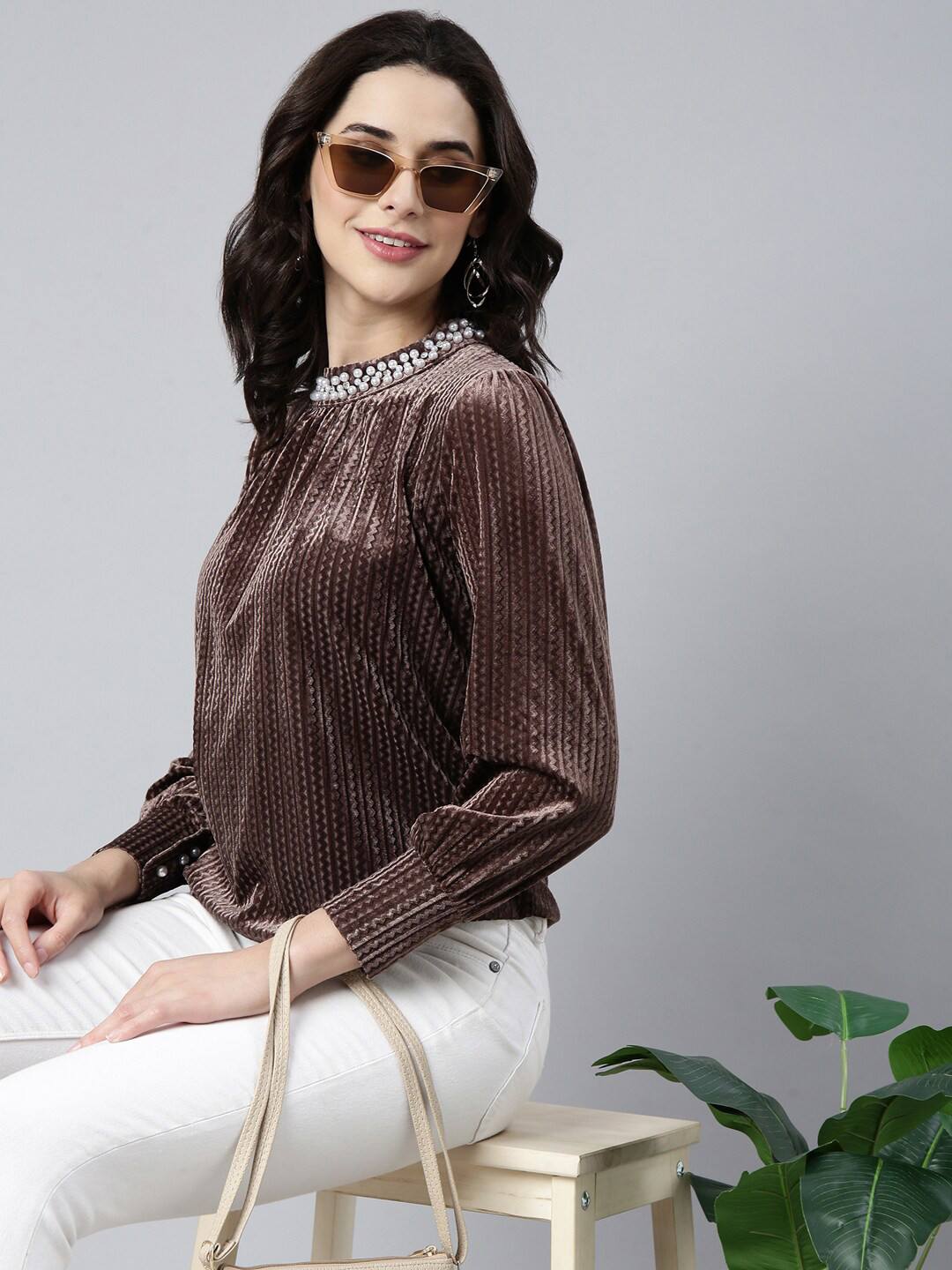 

SHOWOFF Self Design High Neck Embroidered Velvet Top, Brown