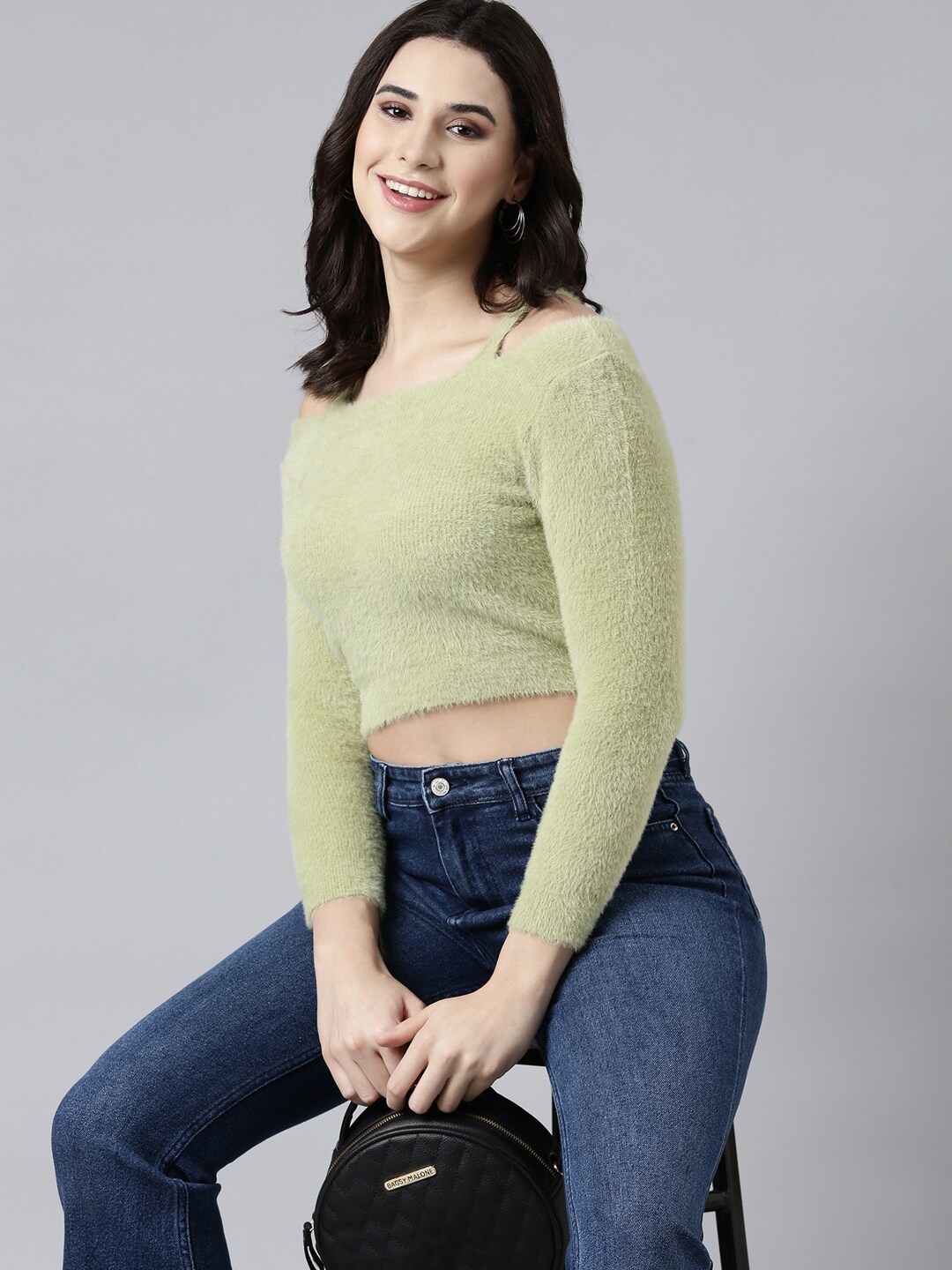 

SHOWOFF Shoulder Straps Acrylic Crop Top, Green