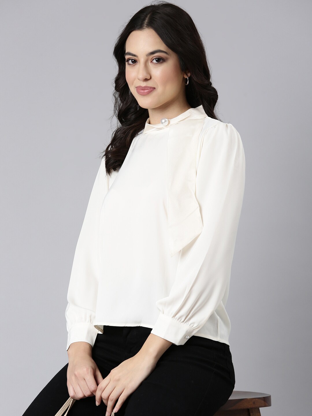 

SHOWOFF Mandarin Collar Satin Top, Cream