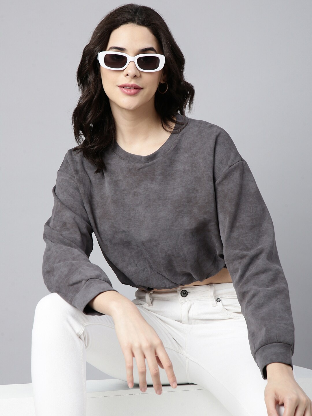 

SHOWOFF Round Neck Drop Shoulder Crop Top, Grey
