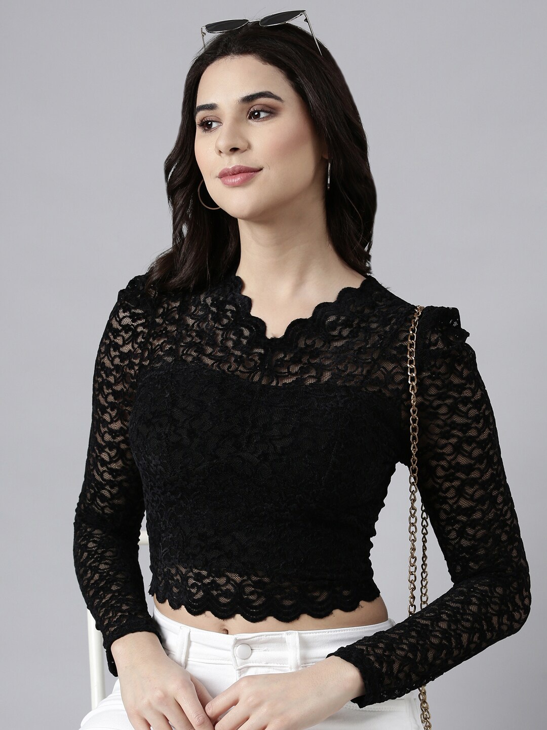 

SHOWOFF Self Design Lace Crop Top, Black